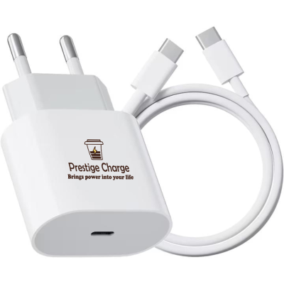 Incarcator USB-C PD 20W FastCharge PRESTIGE CHARGE, Cablu Type-C 2m Inclus, Compatibil  iPhone 15/16/17 Plus,Pro & ProMax si iPad, Alb