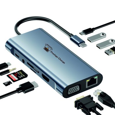 HUB USB-C 11 in 1, PRESTIGE CHARGE,  HDMI 4K, VGA, Ethernet 1000, PD 100W, 3*USB 3.0 5Gbps, USB-C, Audio Jack 3.5mm si cititor card SD/TF, Aluminiu