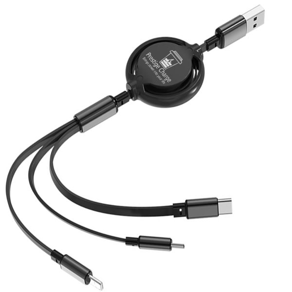 Cablu de Incarcare 3 in 1 Retractabil, PRESTIGE CHARGE,  Type-C, Micro-USB si Lightning, incarcare 5V2A, pentru Auto si Calatorii, 1m, Negru