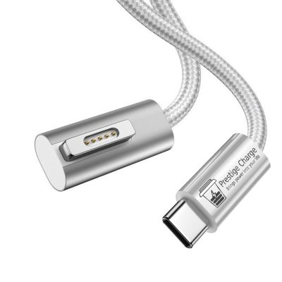 Cablu de Incarcare USB-C la MagSafe 2, PRESTIGE CHARGE, 100W, cap unghi 90, pentru Apple Macbook Air / Pro, Indicator LED, 1.8m, Alb