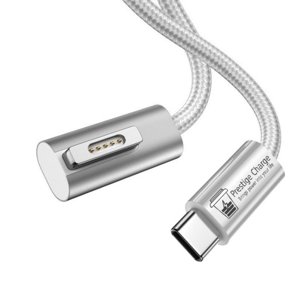Cablu de Incarcare USB-C la MagSafe 2, PRESTIGE CHARGE, 100W, cap unghi 90, pentru Apple Macbook Air / Pro, Indicator LED, 1.8m, Alb