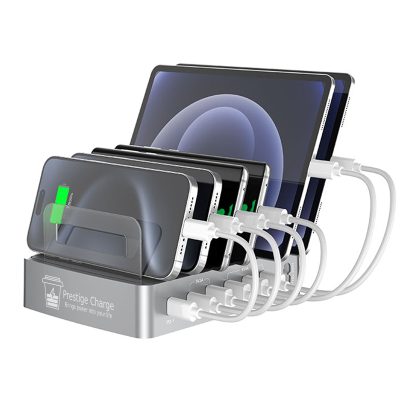Statie Incarcare Rapida GaN 72W 6in1 PRESTIGE CHARGE, 2 x USB-C PD, 1 x USB QC 3.0 si 3 x USB, Compatibila Telefon/Tableta, Protectii Avansate, Argintiu