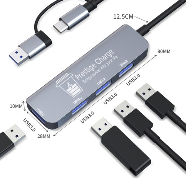 Hub 4 in 2 USB/USB-C PRESTIGE CHARGE, Extensie Port, Iesire 4 * USB 3.0, Transfer Rapid de Date 5Gbps, Dock Laptop/Tableta,  Carcasa Aluminiu