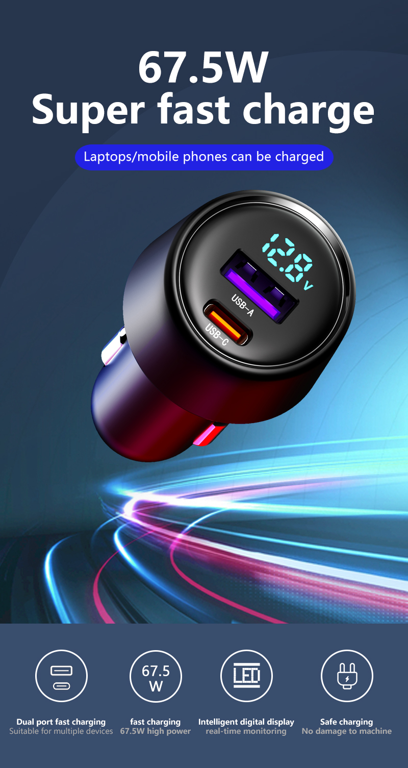 Incarcator Auto Dual Port 67.5W, PRESTIGE CHARGE®, Type-C PD 65W si USB-A 22.5W, pentru Laptop, iPhone, Samsung, Negru