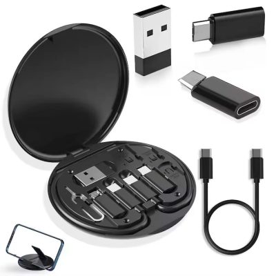 Cablu de incarcare si date 5in1, PRESTIGE CHARGE®, cablu USB-C la USB-C SuperFastCharge 60W, adaptor USB, microUSB, Lightning, universal, 10cm, negru