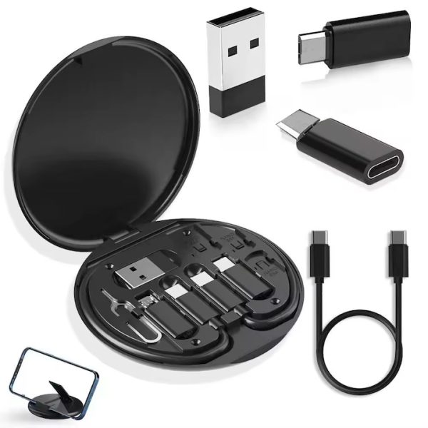Cablu de incarcare si date 5in1, PRESTIGE CHARGE®, cablu USB-C la USB-C SuperFastCharge 60W, adaptor USB, microUSB, Lightning, universal, 10cm, negru