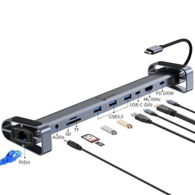 HUB USB-C 10 in 1 cu stand laptop, PRESTIGE CHARGE, HDMI 4K, Ethernet RJ45, USB-C PD 100W, 3 x USB 3.0 5Gbps, USB-C, Audio Jack 3.5mm, cititor card SD/TF, argintiu