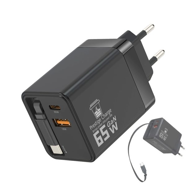 Incarcator Retea GaN TrioMini-R, PRESTIGE CHARGE, 65W SuperFastCharge 2.0, Cablu Retractabil , PD 65W + QC 3.0, Incarcare Simultana Laptop si Telefon/Tableta, Universal, Negru