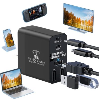 Hub Activ Multifunctional cu Incarcator, PRESTIGE CHARGE®, 5 in 1 cu HDMI 4K 30Hz, 1 x PD 60W, 1 x USB-C, 2 x USB-A, Adaptor Docking Station Pentru Laptop, MacBook, Steam Deck, Nintendo Switch, Televizor si Telefoan, Windows/MacOS/Android/IOS, Compact