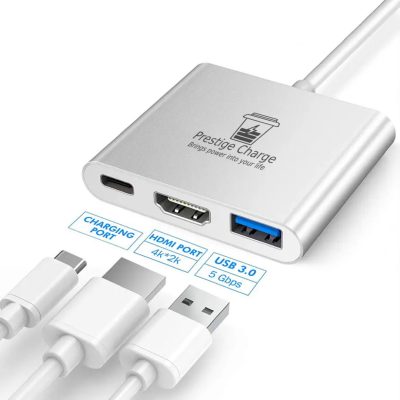 Hub USB-C 3 in 1, PRESTIGE CHARGE, Intrare Type-C, Iesire HDMI 4K, USB-C PD 100W, USB 3.0, Extensie Laptop, MacBook,  Aluminiu
