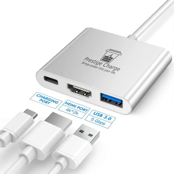 Hub USB-C 3 in 1, PRESTIGE CHARGE, Intrare Type-C, Iesire HDMI 4K, USB-C PD 100W, USB 3.0, Extensie Laptop, MacBook,  Aluminiu