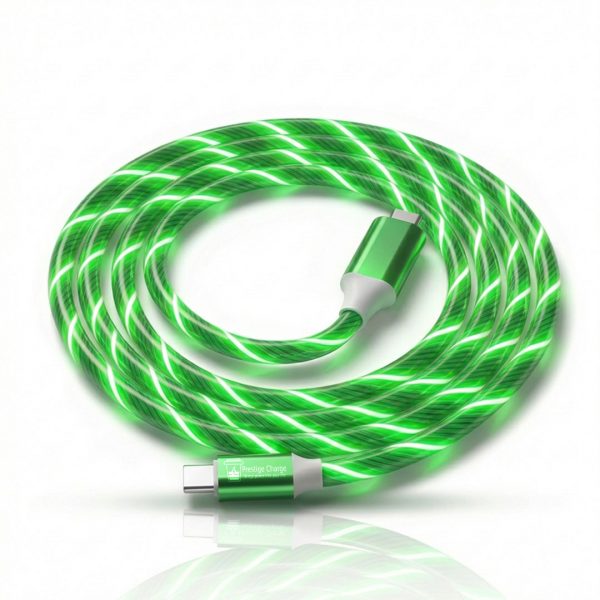 Cablu Date si Incarcare USB-C la USB-C, PRESTIGE CHARGE®, LED Luminos Verde, PD 60W Fast Charge, Universal, Compatibil CarPlay, AndroidAuto, Apple, iPhone, Samsung, Android Type C, Design Premium, Efect Luminos, Lungime 1m, Verde