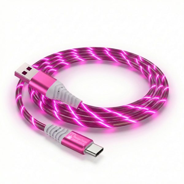 Cablu Date si Incarcare USB-A la USB-C, PRESTIGE CHARGE®, LED Luminos Roz, 18W, 480 Mbps, Universal, Compatibil, Apple, iPhone, Samsung, Android, Type C, Design Premium, Efect Luminos, Lungime 2m, Roz