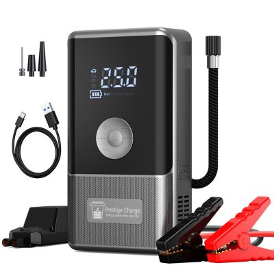 Starter Auto Jump Starter 4-in-1 600A, PRESTIGE CHARGE®, Compresor Aer, Power Bank 6000mAh, Incarcare, Lanterna, Kit Urgenta 12V Benzina 6.0L / Diesel 3.0L, Pompa Digitala pentru Roti Masina / Moto, Oprire Automata, Precizie Ridicata, Kit Complet Clesti