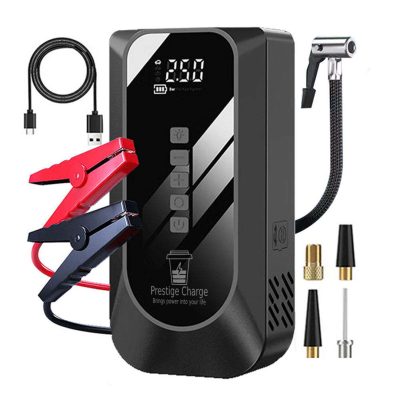 Starter Auto Jump Starter 600A, PRESTIGE CHARGE®, Compresor Aer 4-in-1, Power Bank 6000mAh, Incarcare, Lanterna, Kit Urgenta 12V Benzina 6.0L / Diesel 3.0L, Pompa Digitala pentru Roti Masina / Moto, Oprire Automata, Precizie Ridicata, Kit Complet, Clesti
