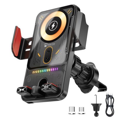 Suport Auto cu Incarcare Wireless 15W + Magnetica Rapida 66W, PRESTIGE CHARGE®, USB-C Micro-USB, Senzor Infrarosu Deschidere Automata, Rotire Electrica 90°, Prindere Sigura Grila Ventilatie, Touch Sensor, Compatibilitate iPhone, Samsung, Universala 4-7.2”