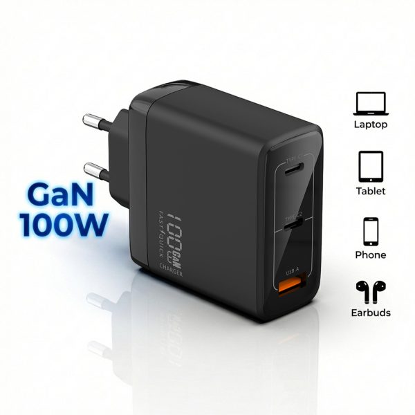 Incarcator Retea Rapid TrioMini 100W GaN, PRESTIGE CHARGE®, 3 Porturi (2x USB-C si 1x USB-A), Super Fast Charge, PD 3.0, QC 3.0, Incarcare Simultana, Putere Mare pentru Laptop, Telefon, Tableta, iPhone, Huawei, Samsung, Xiaomi, Protectii Multiple, Negru