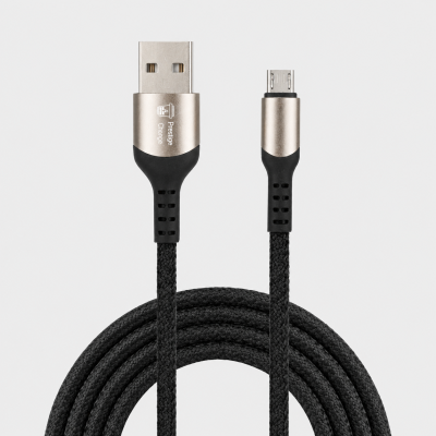Cablu USB la Micro-USB PRESTIGE CHARGE, Max 2A, Compatibil Telefon, Tableta, Textil Premium, 2m, Negru