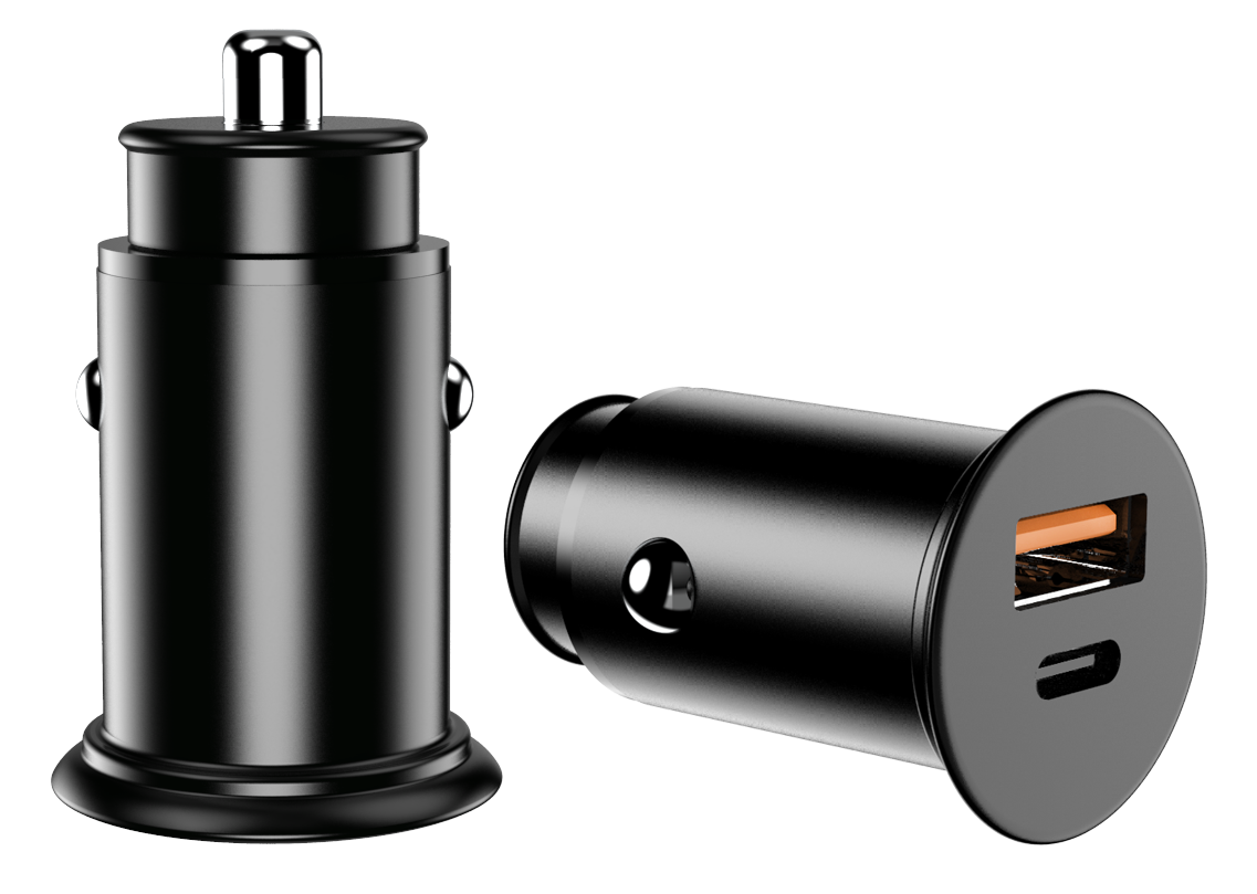 Încărcător auto mini, PRESTIGE CHARGE, SuperFastCharge 65W, USB-A 36W QC 3.0 si USB-C 65W PD 3.0 PPS, compatibil iPhone 15-17 Pro & ProMax, Samsung,  Negru