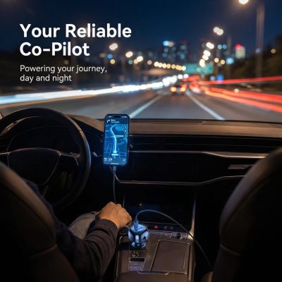 Încărcător auto retractabil 81W, PRESTIGE CHARGE®, cablu USB-C 80cm retractabil, port USB-C PD 36W și USB-A QC 3.0, alimentare 12V-24V,  iPhone 15-17, Samsung, negru