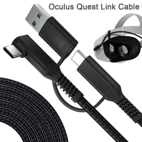 Cablu USB-A și USB-C la USB-C unghi 90°, 2in1, PRESTIGE CHARGE, PD 3.0, SuperFastCharge, compatibil Oculus Quest 1/2, Samsung, iPhone, 5Gbps, textil premium, Negru, 3 m