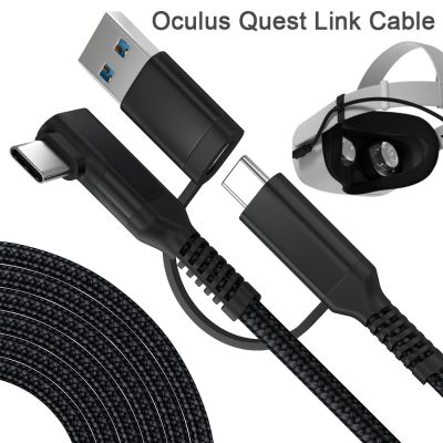 Cablu USB-A și USB-C la USB-C unghi 90°, 2in1, PRESTIGE CHARGE, PD 3.0, SuperFastCharge, compatibil Oculus Quest 1/2, Samsung, iPhone, 5Gbps, textil premium, Negru, 6 m