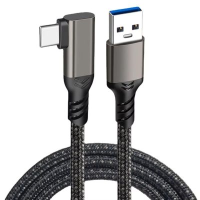 Cablu USB-A la USB-C unghi 90°, PRESTIGE CHARGE, 60W 3A Quick Charge 3.0 FastCharge, transfer date USB 3.2 Gen 2 10 Gbps, Negru texturat, 0.5 m
