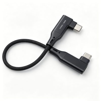 Cablu USB-C la USB-C dublu unghi 90°, PRESTIGE CHARGE, 100W PD 3.0, SuperFastCharge 2.0, USB 3.2 20 Gbps, 4K 60Hz, laptop,  înveliș textil premium, negru, 20 cm