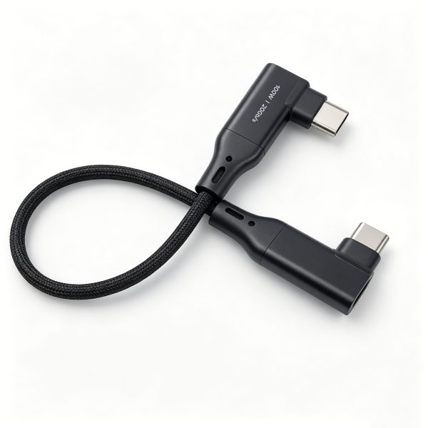 Cablu USB-C la USB-C dublu unghi 90°, PRESTIGE CHARGE, 100W PD 3.0, SuperFastCharge 2.0, USB 3.2 20 Gbps, 4K 60Hz, laptop,  înveliș textil premium, negru, 20 cm