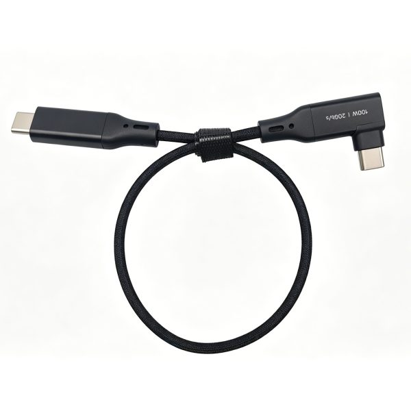 Cablu USB-C la USB-C cap unghi 90°, PRESTIGE CHARGE, PD 3.0, SuperFastCharge 2.0, 100W, iPhone 15-17 Pro & ProMax, Samsung, USB 3.2, 20 Gbps, textil premium, negru, 31 cm