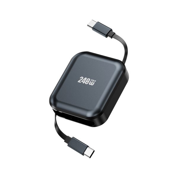 Cablu USB-C la USB-C retractabil, PRESTIGE CHARGE, 240W PD 3.1, SuperFastCharge 2.0, compatibil iPhone 15-17 Pro & ProMax, Samsung, laptop, compact, portabil, negru, 1 m