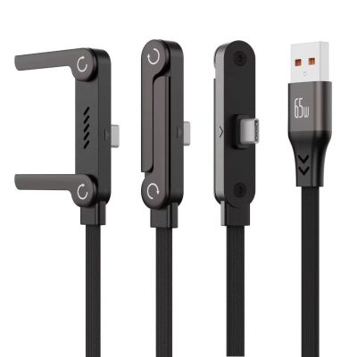 Cablu USB-A la USB-C cu stand pliabil integrat, PRESTIGE CHARGE, 65W, Fast Charge, QC 3.0, mufă unghi 90°, material textil, compatibil Samsung și Android, negru cărbune