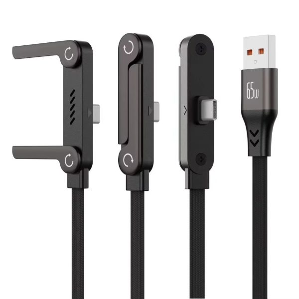 Cablu USB-A la USB-C cu stand pliabil integrat, PRESTIGE CHARGE, 65W, Fast Charge, QC 3.0, mufă unghi 90°, material textil, compatibil Samsung și Android, negru cărbune