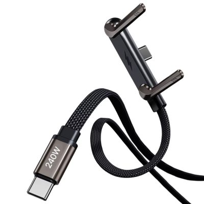 Cablu USB-C la USB-C cu suport telefon pliabil integrat, cot 90°, PRESTIGE CHARGE, 240W PD 3.1, SuperFastCharge 2.0, iPhone 15-17 Pro & ProMax, Samsung, laptop, negru