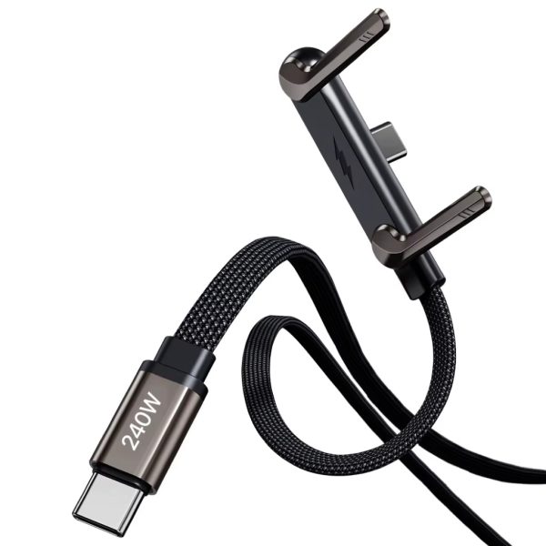 Cablu USB-C la USB-C cu suport telefon pliabil integrat, cot 90°, PRESTIGE CHARGE, 240W PD 3.1, SuperFastCharge 2.0, iPhone 15-17 Pro & ProMax, Samsung, laptop, negru