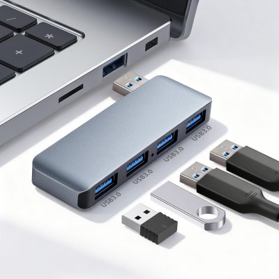 Hub USB 3.0, 4 Porturi, PRESTIGE CHARGE, Ultra-Slim, Aliaj Aluminiu, Indicator LED, Transfer 5Gbps, Argintiu, Compact, Portabil, Compatibil Laptop, Calculator, PC, Mac