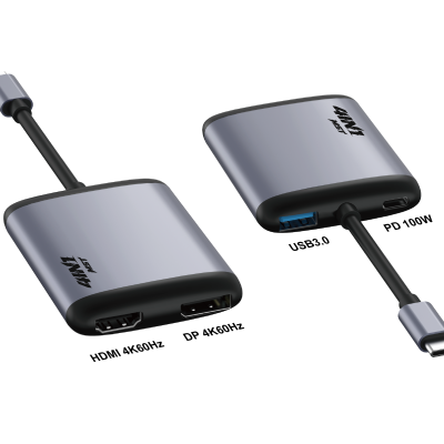 Hub USB-C 4-în-1, PRESTIGE CHARGE, HDMI + DisplayPort 4K 60Hz, 2 ieșiri video simultane, USB-A 3.0 5Gbps, PD 100W, compatibil Windows macOS ChromeOS Linux, carcasă