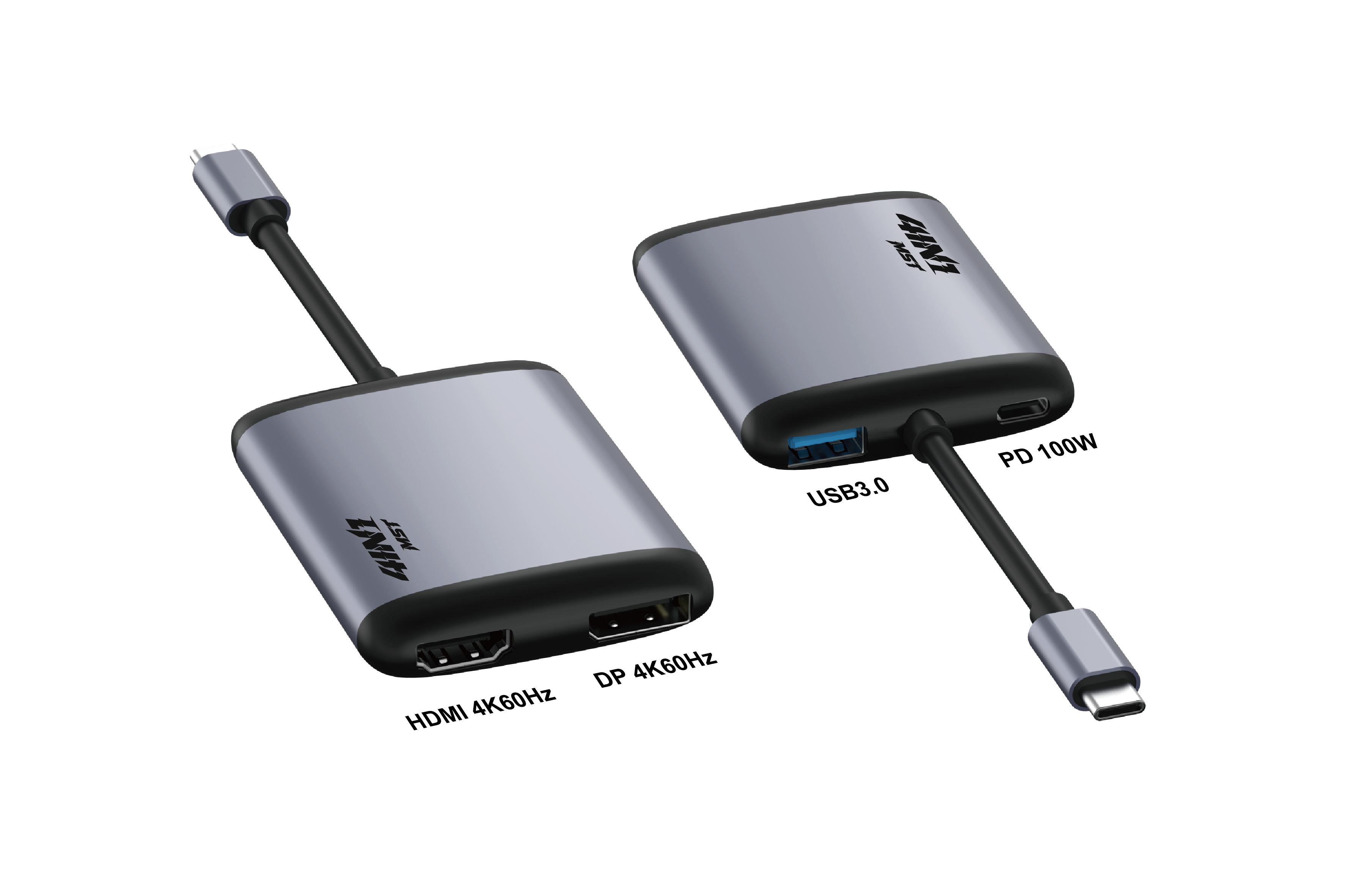 Hub USB-C 4-în-1, PRESTIGE CHARGE, HDMI + DisplayPort 4K 60Hz, 2 ieșiri video simultane, USB-A 3.0 5Gbps, PD 100W, compatibil Windows macOS ChromeOS Linux, carcasă
