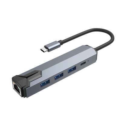Hub USB-C, PRESTIGE CHARGE, Ethernet RJ45 5GbE 5000 Mbps, 5-în-1, Aliaj Aluminiu, Blindaj Folie + Plasă, Gaming, NAS, Windows 11, macOS, Linux, Latență Redusă, Streaming