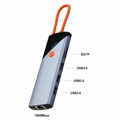 Hub USB-C 9in1, PRESTIGE CHARGE®, HDMI + DisplayPort  4K 60Hz, Ethernet Gigabit 1000Mbps, PD 90W, 3x USB-A 3.0 5Gbps, Cititor SD/TF, Cablu Breloc, Buton On/Off,  Argintiu