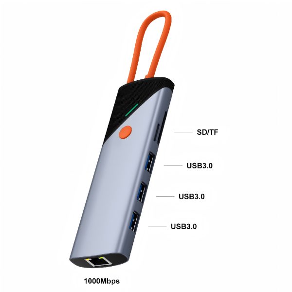 Hub USB-C 9in1, PRESTIGE CHARGE®, HDMI + DisplayPort  4K 60Hz, Ethernet Gigabit 1000Mbps, PD 90W, 3x USB-A 3.0 5Gbps, Cititor SD/TF, Cablu Breloc, Buton On/Off,  Argintiu