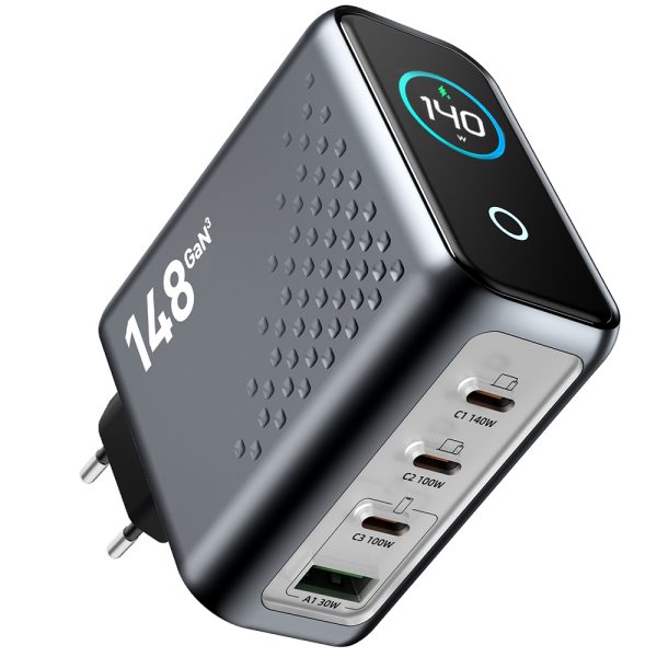 Încărcător priză GaN 4 porturi, PRESTIGE CHARGE, 148W, 3x USB-C PD 3.1 PPS + 1x USB-A QC 3.0, afișaj digital, laptop, tabletă, Samsung, Gri antracit