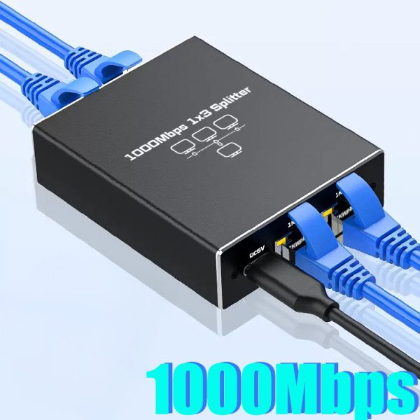 Splitter RJ45 3in1, PRESTIGE CHARGE, Gigabit 1000Mbps, 1 Intrare 3 Ieșiri RJ45, Alimentare USB-C DC5V, Carcasă Aluminiu, LED Indicator, Plug and Play