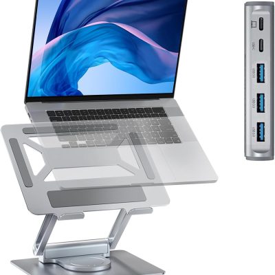 Stand laptop rotativ, PRESTIGE CHARGE, cu hub USB 4in1, rotire bază 360°, înălțime reglabilă 60–300 mm, aliaj aluminiu, compatibil 7–17,3 inch, Argintiu