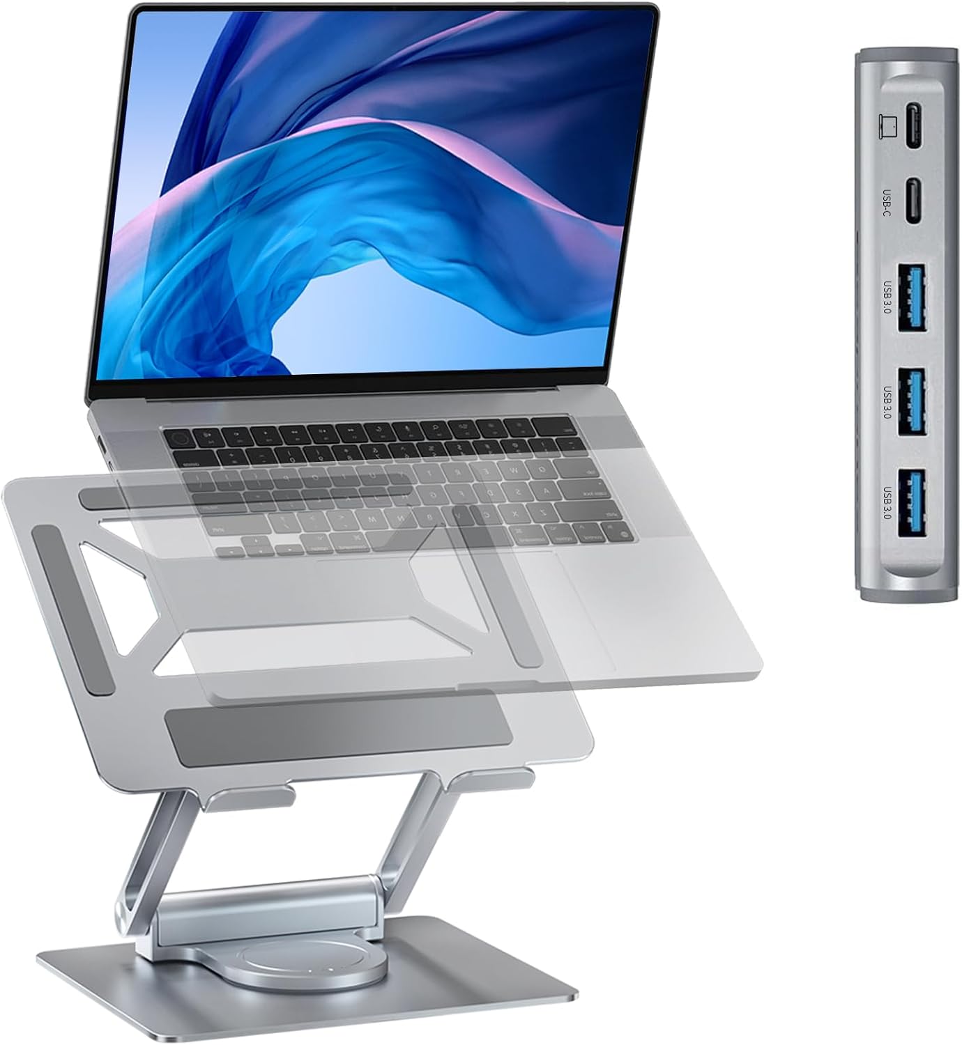 Stand laptop rotativ, PRESTIGE CHARGE, cu hub USB 4in1, rotire bază 360°, înălțime reglabilă 60–300 mm, aliaj aluminiu, compatibil 7–17,3 inch, Argintiu