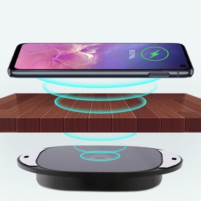 Încărcător wireless PRESTIGE CHARGE ascuns sub blat birou, prindere adezivă sau cu șurub, încărcare prin blat maxim 20mm, 5W, compatibil smartphone Qi, design discret