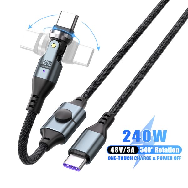 Cablu USB-C cap rotativ 180 de grade, PRESTIGE CHARGE®, 240W, buton ON/OFF, PD 3.1, SuperFastCharge 2.0,  iPhone 15-17 Pro & ProMax, Samsung, laptop, negru, 1m