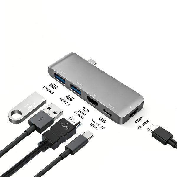 Hub 5in1 USB-C, PRESTIGE CHARGE,  port HDMI 4K@60Hz, 2x USB-A 3.0 5Gbps, USB-C 5Gbps, incarcare rapida PD 100W, carcasa din aluminiu, ideal pentru orice laptop
