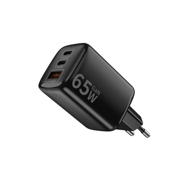 Incarcator retea GaN mini PRESTIGE CHARGE 65W, 3 porturi 2x USB-C + 1x USB-A, PD 3.0 pe USB-C, QC 3.0 pe USB-A, compatibil iPhone si Samsung, negru