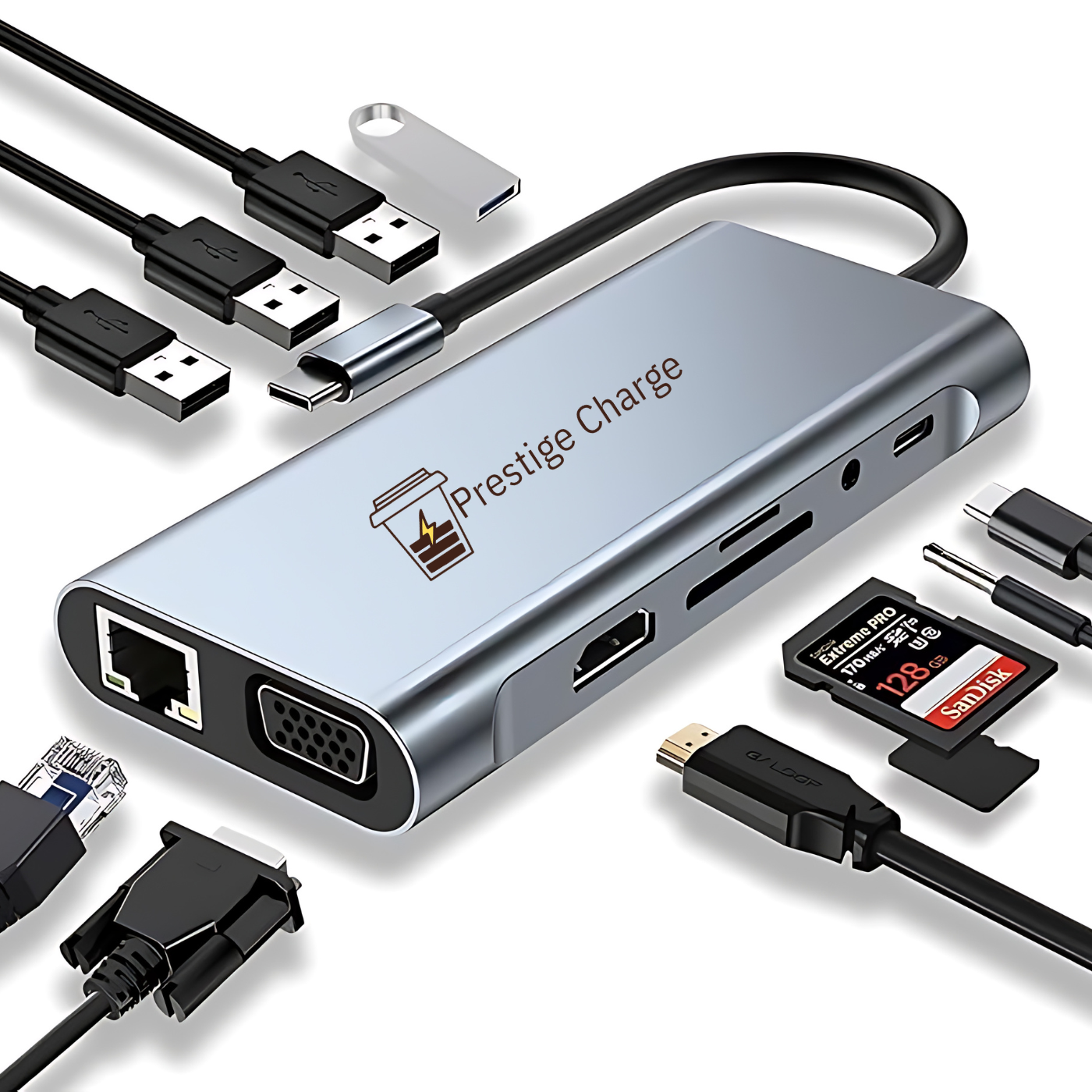 HUB USB-C 11 in 1, PRESTIGE CHARGE,  HDMI 4K, VGA, Ethernet, PD 100W , USB 3.0 5Gbps, 3*USB 2.0,  Audio Jack 3.5mm, cititor card SD/TF, argintiu